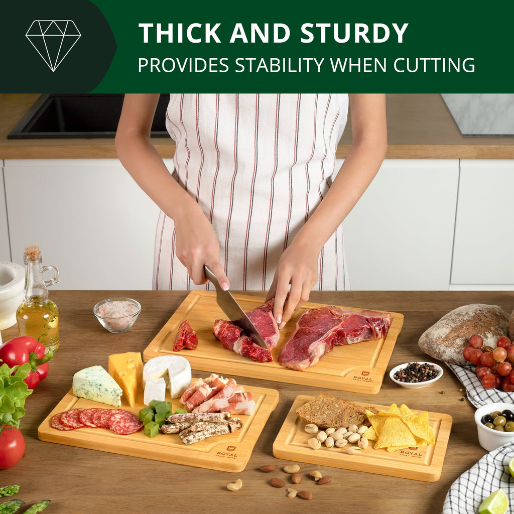 𝐋𝐮𝐱𝐮𝐫𝐲 Bamboo Cutting Board for Kitchen - Chopping Board w/Juice Groove & Easy Grip Handle - Organic Wooden Cutting Boards for Meat, Cheese, Fruits & Vegetables (Set of 3)